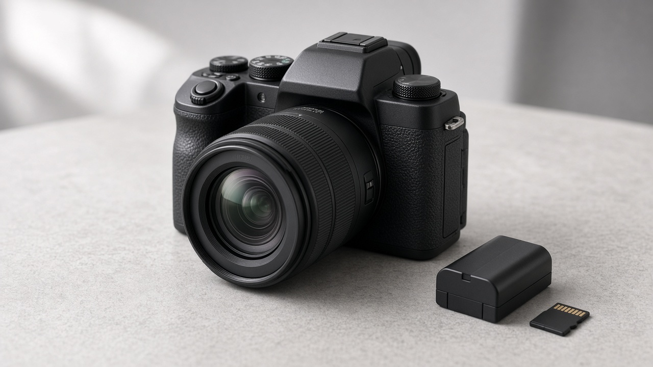 Mirrorless camera kit with battery and memory card